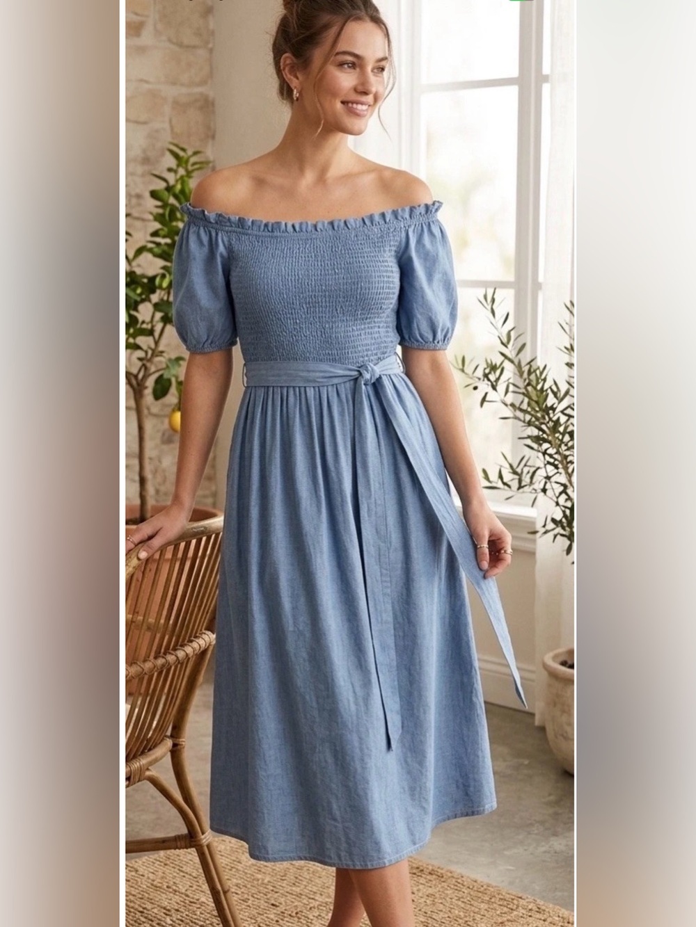 Who What Wear Chambray Off-Shoulder Midi Dress in Light Blue
